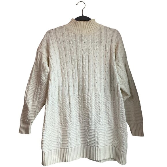 VTG Liz Claiborne Large Beige All over Cable Knit Fisherman Sweater Chunky - Picture 1 of 9